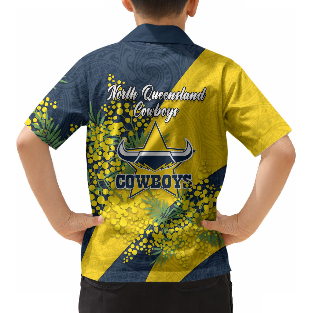 North Queensland Cowboys Kid Hawaiian Shirt Golden Wattle Floral Polynesian - Australian Flower - Rugby Mascot