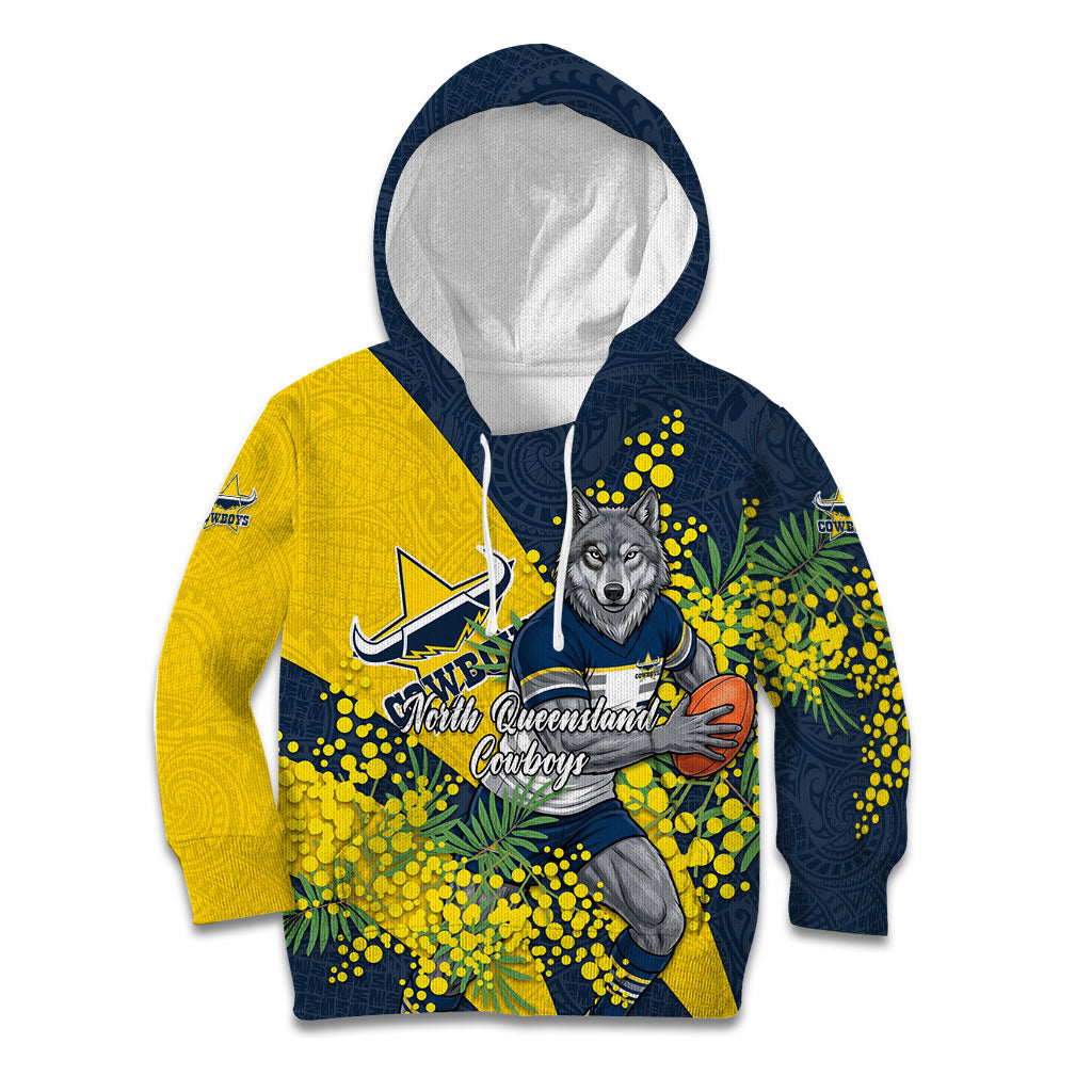 North Queensland Cowboys Kid Hoodie Golden Wattle Floral Polynesian - Australian Flower - Rugby Mascot