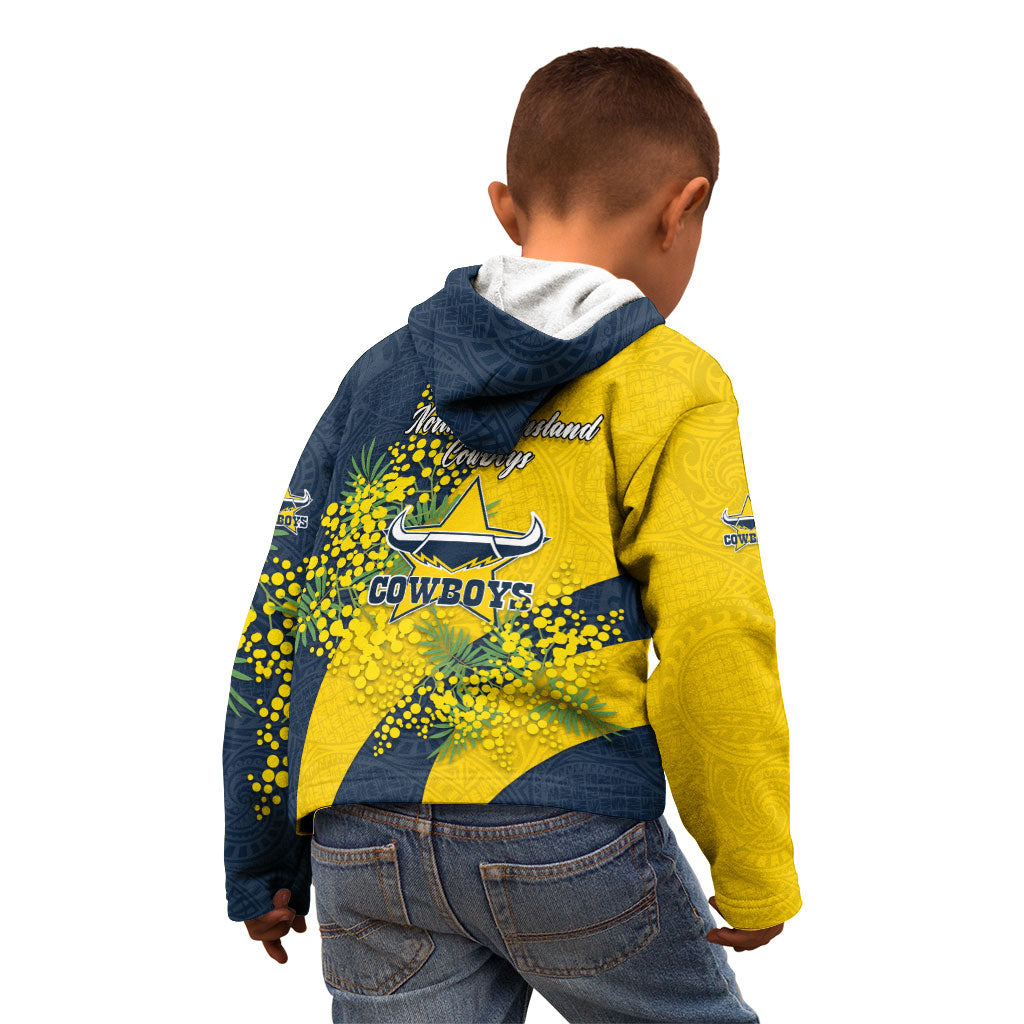 North Queensland Cowboys Kid Hoodie Golden Wattle Floral Polynesian - Australian Flower - Rugby Mascot