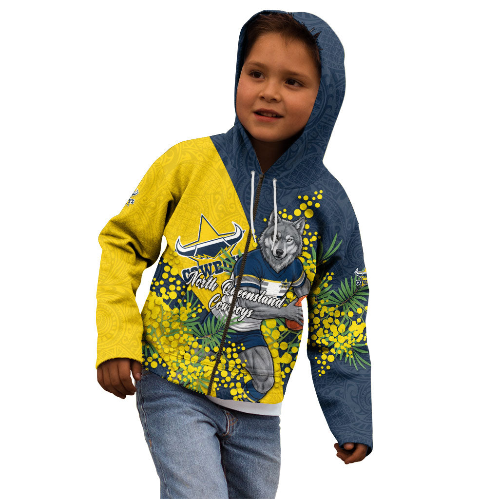 North Queensland Cowboys Kid Hoodie Golden Wattle Floral Polynesian - Australian Flower - Rugby Mascot