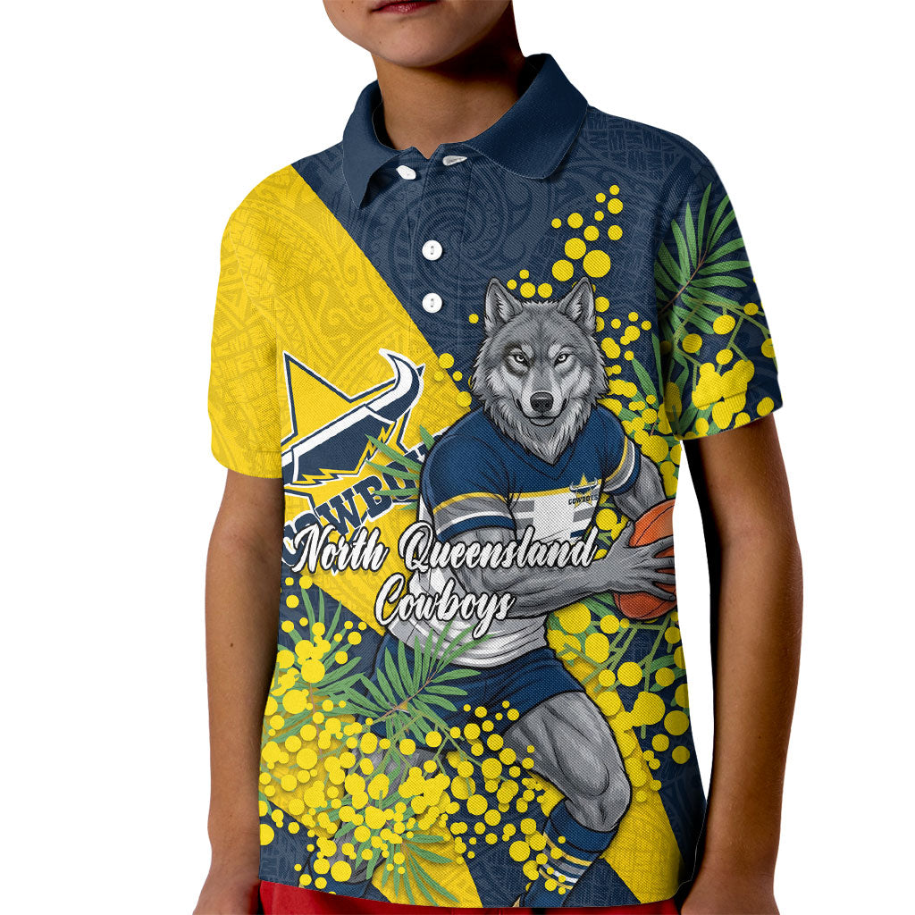 North Queensland Cowboys Kid Polo Shirt Golden Wattle Floral Polynesian - Australian Flower - Rugby Mascot