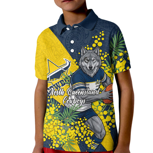 North Queensland Cowboys Kid Polo Shirt Golden Wattle Floral Polynesian - Australian Flower - Rugby Mascot