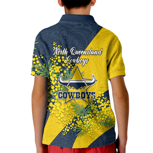 North Queensland Cowboys Kid Polo Shirt Golden Wattle Floral Polynesian - Australian Flower - Rugby Mascot