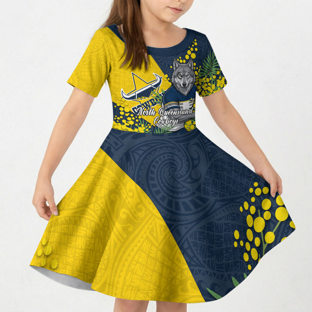 North Queensland Cowboys Kid Short Sleeve Dress Golden Wattle Floral Polynesian - Australian Flower - Rugby Mascot