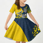 North Queensland Cowboys Kid Short Sleeve Dress Golden Wattle Floral Polynesian - Australian Flower - Rugby Mascot