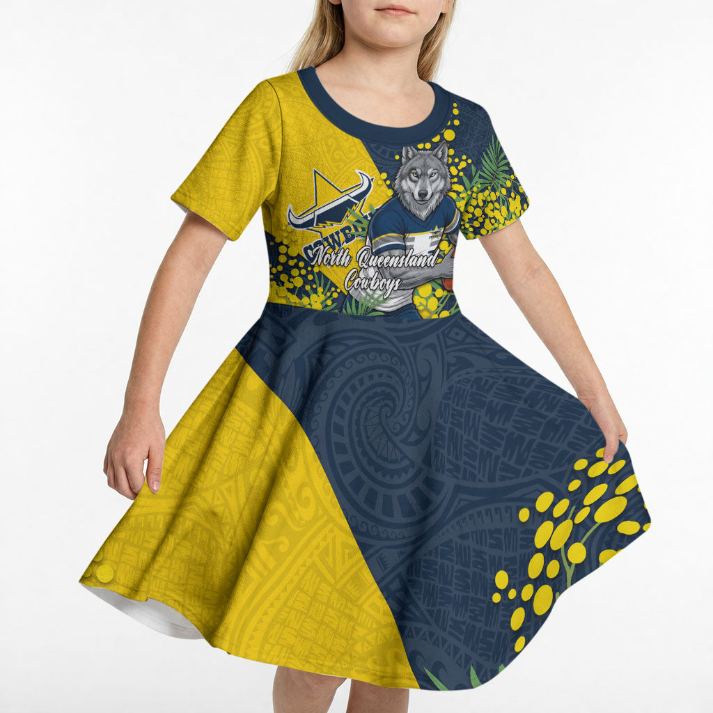 North Queensland Cowboys Kid Short Sleeve Dress Golden Wattle Floral Polynesian - Australian Flower - Rugby Mascot