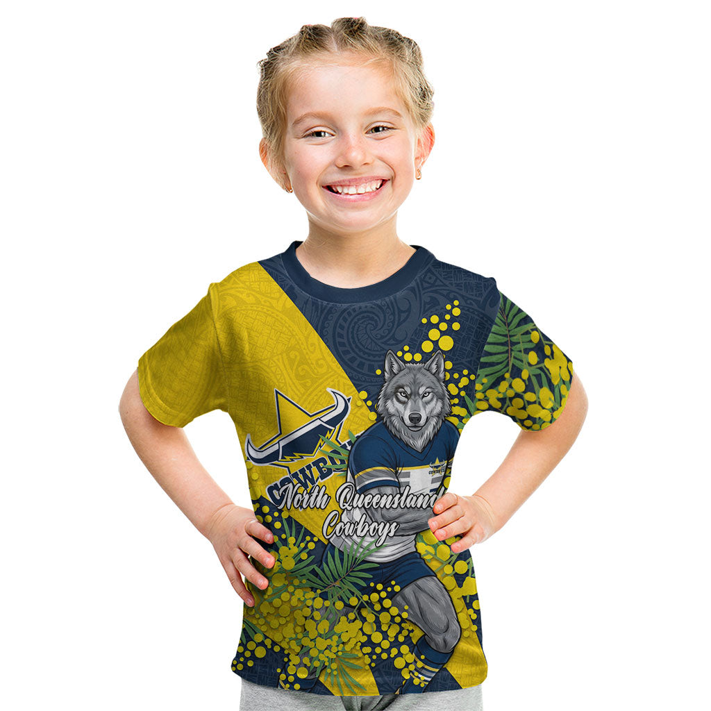 North Queensland Cowboys Kid T Shirt Golden Wattle Floral Polynesian - Australian Flower - Rugby Mascot