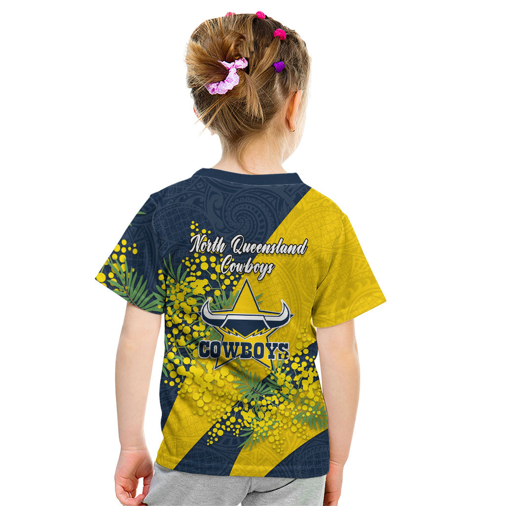 North Queensland Cowboys Kid T Shirt Golden Wattle Floral Polynesian - Australian Flower - Rugby Mascot