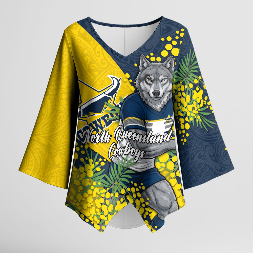 North Queensland Cowboys Kimono Sleeve Blouse Golden Wattle Floral Polynesian - Australian Flower - Rugby Mascot