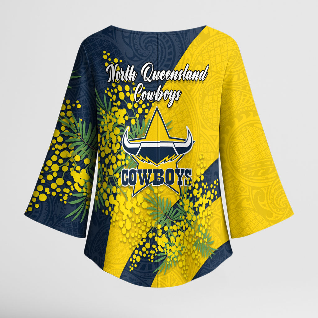 North Queensland Cowboys Kimono Sleeve Blouse Golden Wattle Floral Polynesian - Australian Flower - Rugby Mascot