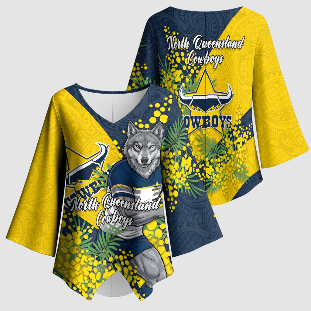 North Queensland Cowboys Kimono Sleeve Blouse Golden Wattle Floral Polynesian - Australian Flower - Rugby Mascot