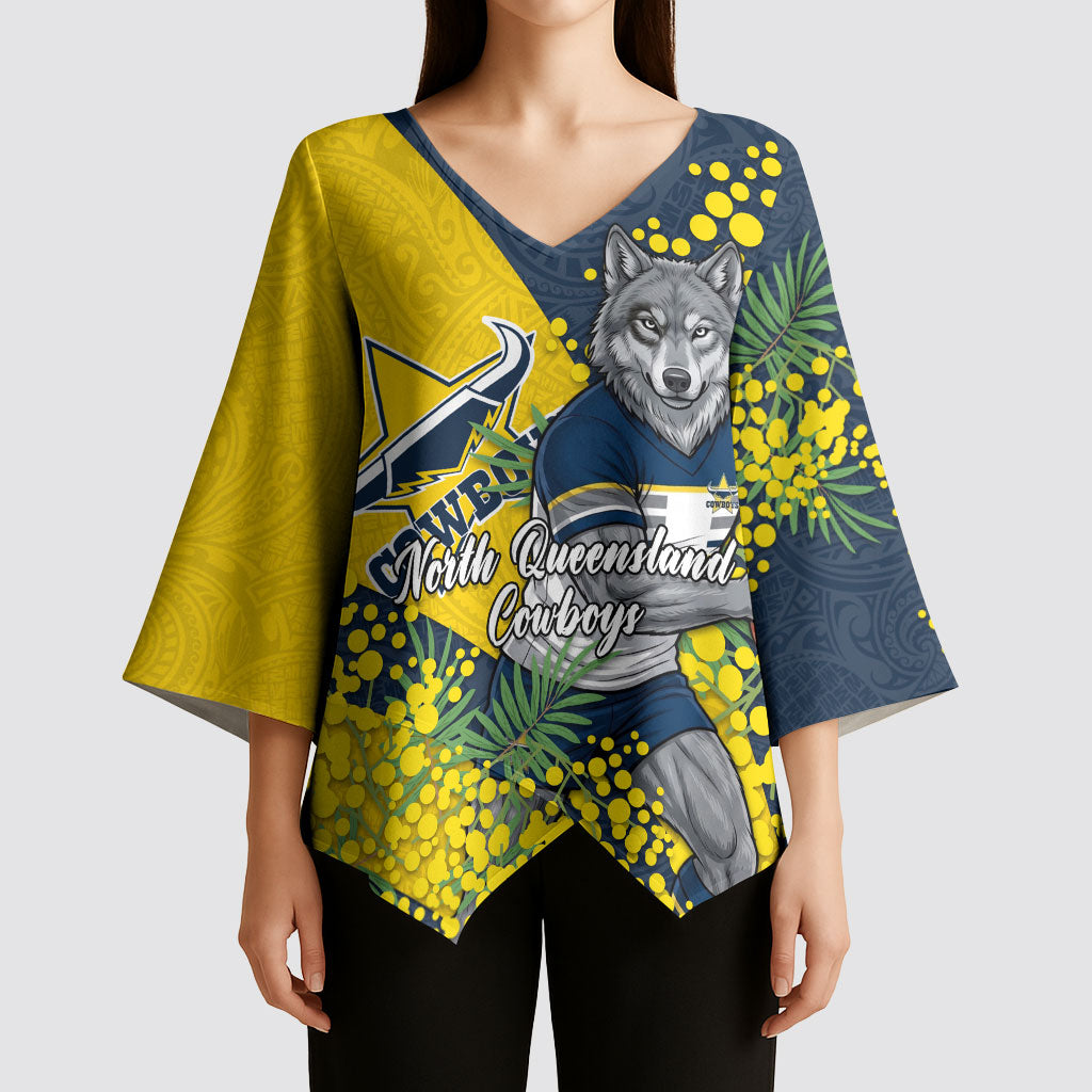 North Queensland Cowboys Kimono Sleeve Blouse Golden Wattle Floral Polynesian - Australian Flower - Rugby Mascot