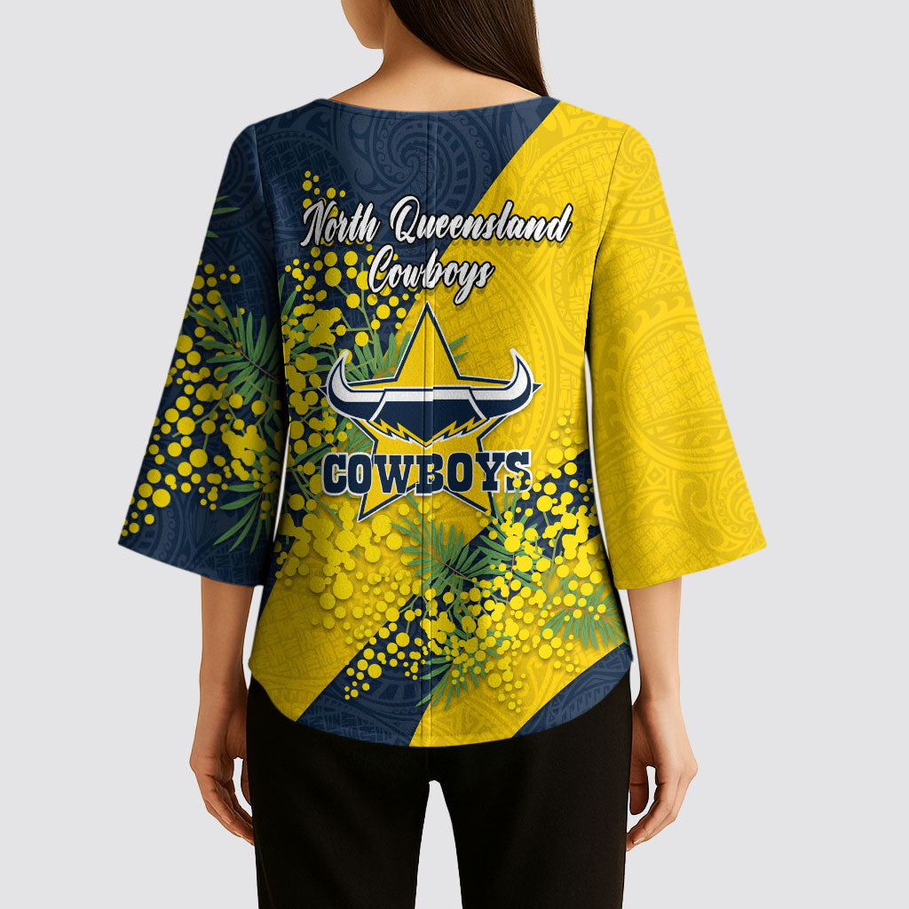North Queensland Cowboys Kimono Sleeve Blouse Golden Wattle Floral Polynesian - Australian Flower - Rugby Mascot