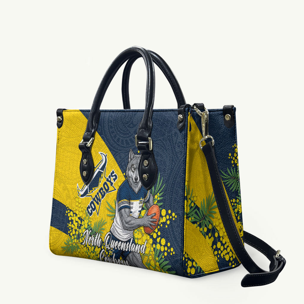 North Queensland Cowboys Leather Bag Golden Wattle Floral Polynesian - Australian Flower - Rugby Mascot