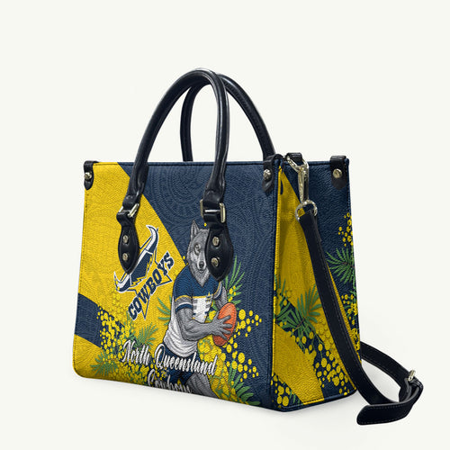 North Queensland Cowboys Leather Bag Golden Wattle Floral Polynesian - Australian Flower - Rugby Mascot
