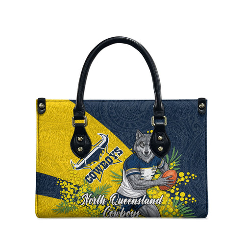 North Queensland Cowboys Leather Bag Golden Wattle Floral Polynesian - Australian Flower - Rugby Mascot