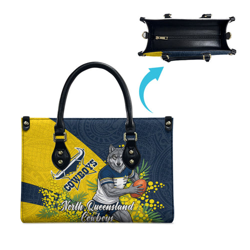 North Queensland Cowboys Leather Bag Golden Wattle Floral Polynesian - Australian Flower - Rugby Mascot