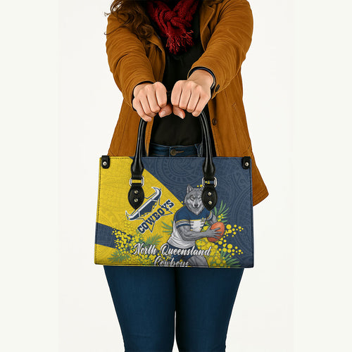 North Queensland Cowboys Leather Bag Golden Wattle Floral Polynesian - Australian Flower - Rugby Mascot