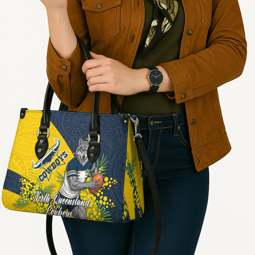 North Queensland Cowboys Leather Bag Golden Wattle Floral Polynesian - Australian Flower - Rugby Mascot