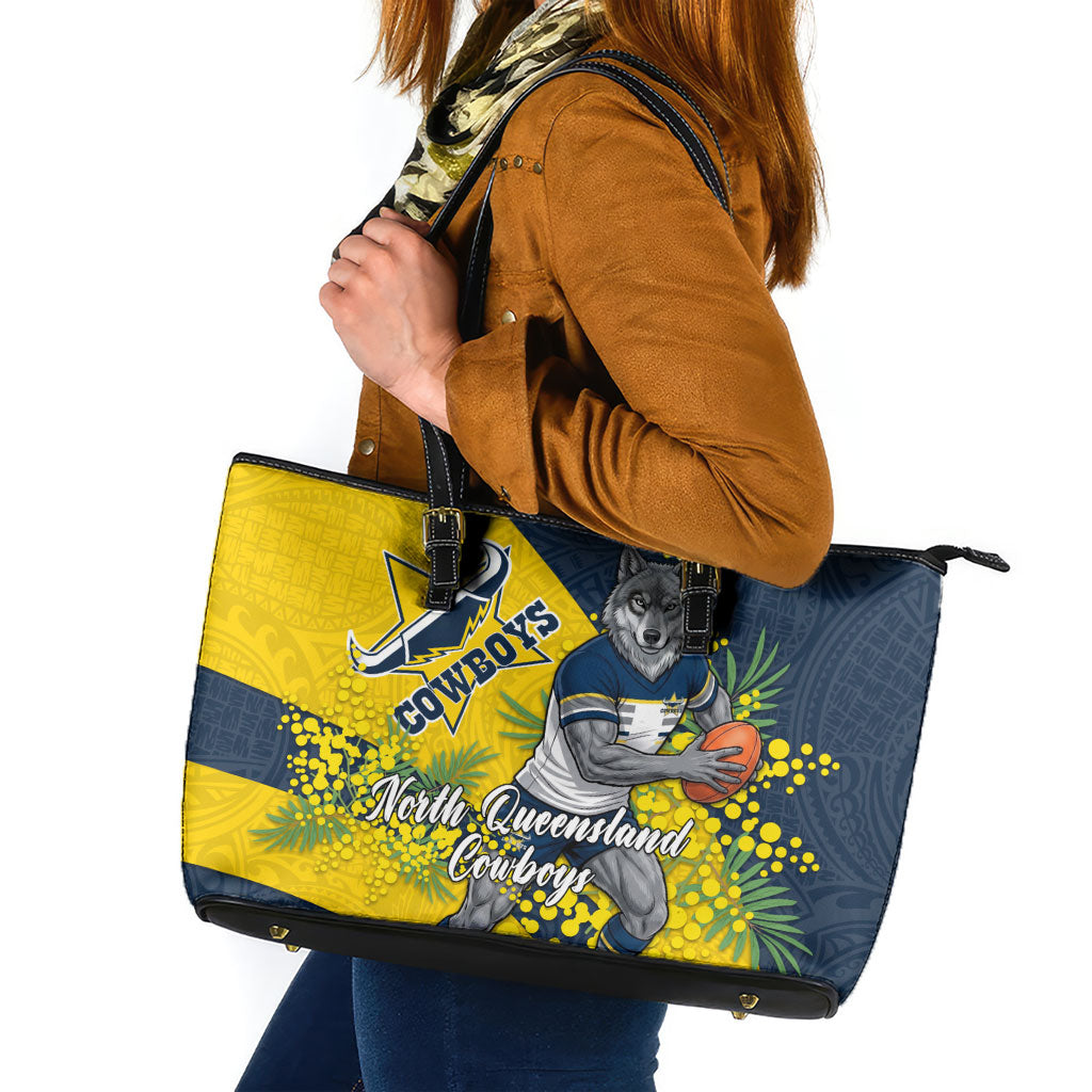 North Queensland Cowboys Leather Tote Bag Golden Wattle Floral Polynesian - Australian Flower - Rugby Mascot