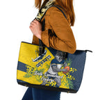 North Queensland Cowboys Leather Tote Bag Golden Wattle Floral Polynesian - Australian Flower - Rugby Mascot