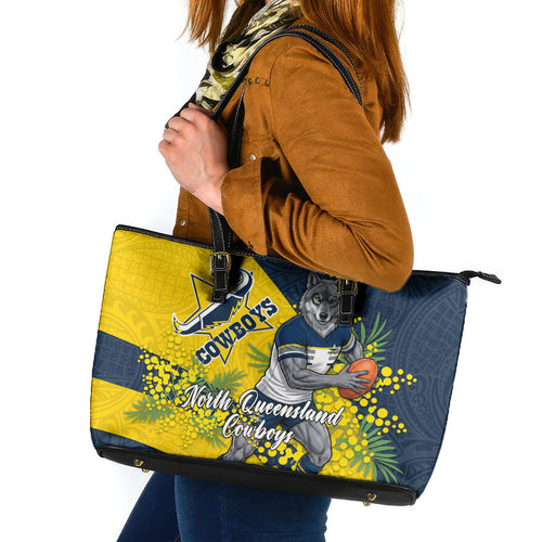 North Queensland Cowboys Leather Tote Bag Golden Wattle Floral Polynesian - Australian Flower - Rugby Mascot
