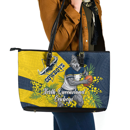 North Queensland Cowboys Leather Tote Bag Golden Wattle Floral Polynesian - Australian Flower - Rugby Mascot