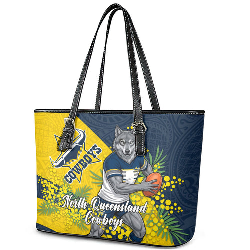 North Queensland Cowboys Leather Tote Bag Golden Wattle Floral Polynesian - Australian Flower - Rugby Mascot
