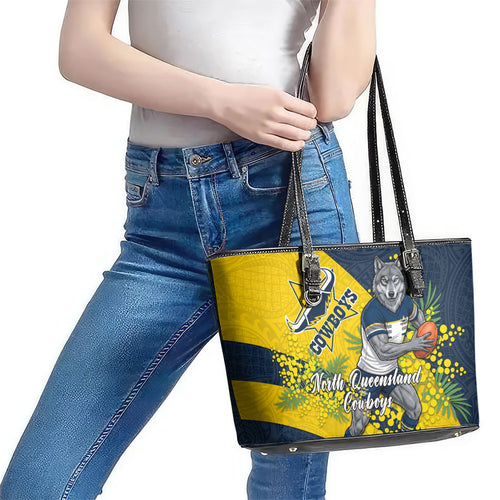 North Queensland Cowboys Leather Tote Bag Golden Wattle Floral Polynesian - Australian Flower - Rugby Mascot