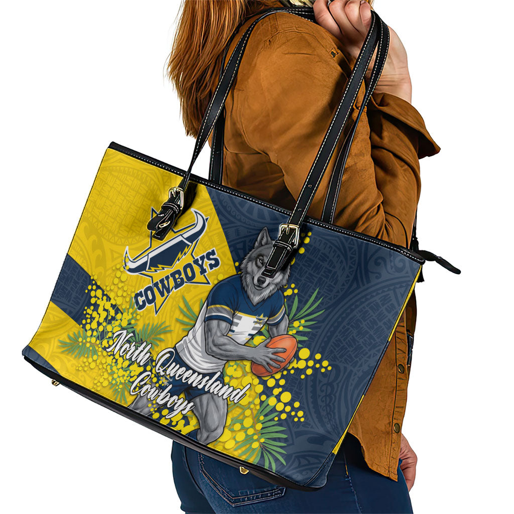 North Queensland Cowboys Leather Tote Bag Golden Wattle Floral Polynesian - Australian Flower - Rugby Mascot