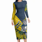 North Queensland Cowboys Long Sleeve Bodycon Dress Golden Wattle Floral Polynesian - Australian Flower - Rugby Mascot