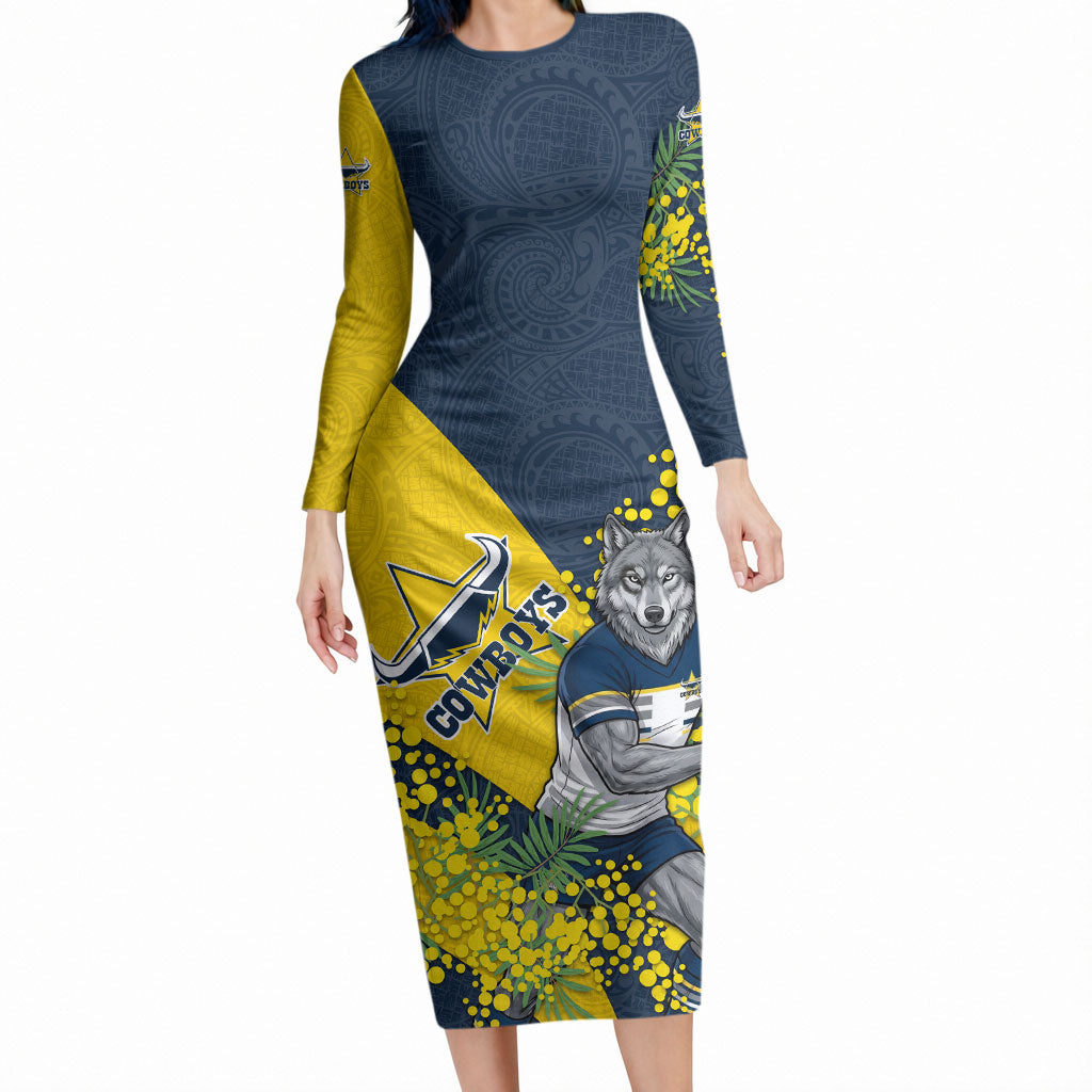 North Queensland Cowboys Long Sleeve Bodycon Dress Golden Wattle Floral Polynesian - Australian Flower - Rugby Mascot