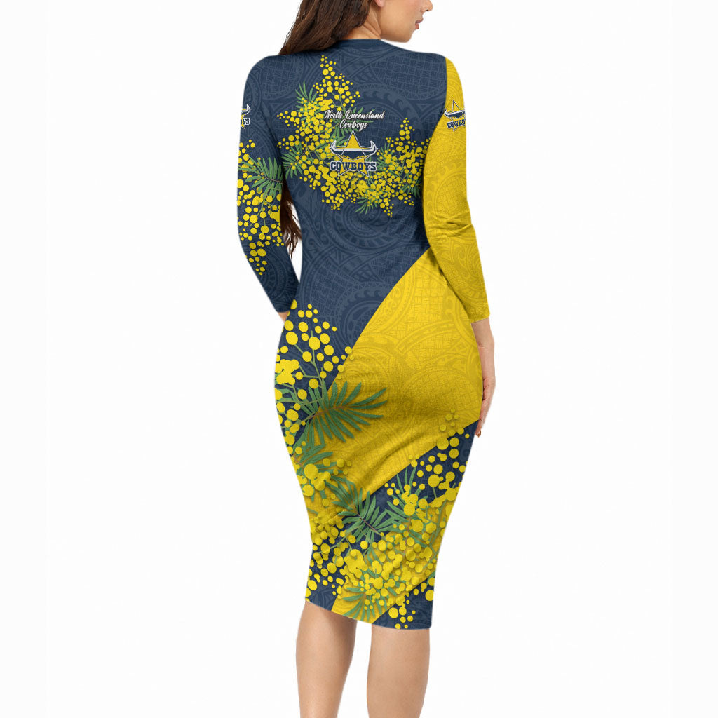 North Queensland Cowboys Long Sleeve Bodycon Dress Golden Wattle Floral Polynesian - Australian Flower - Rugby Mascot