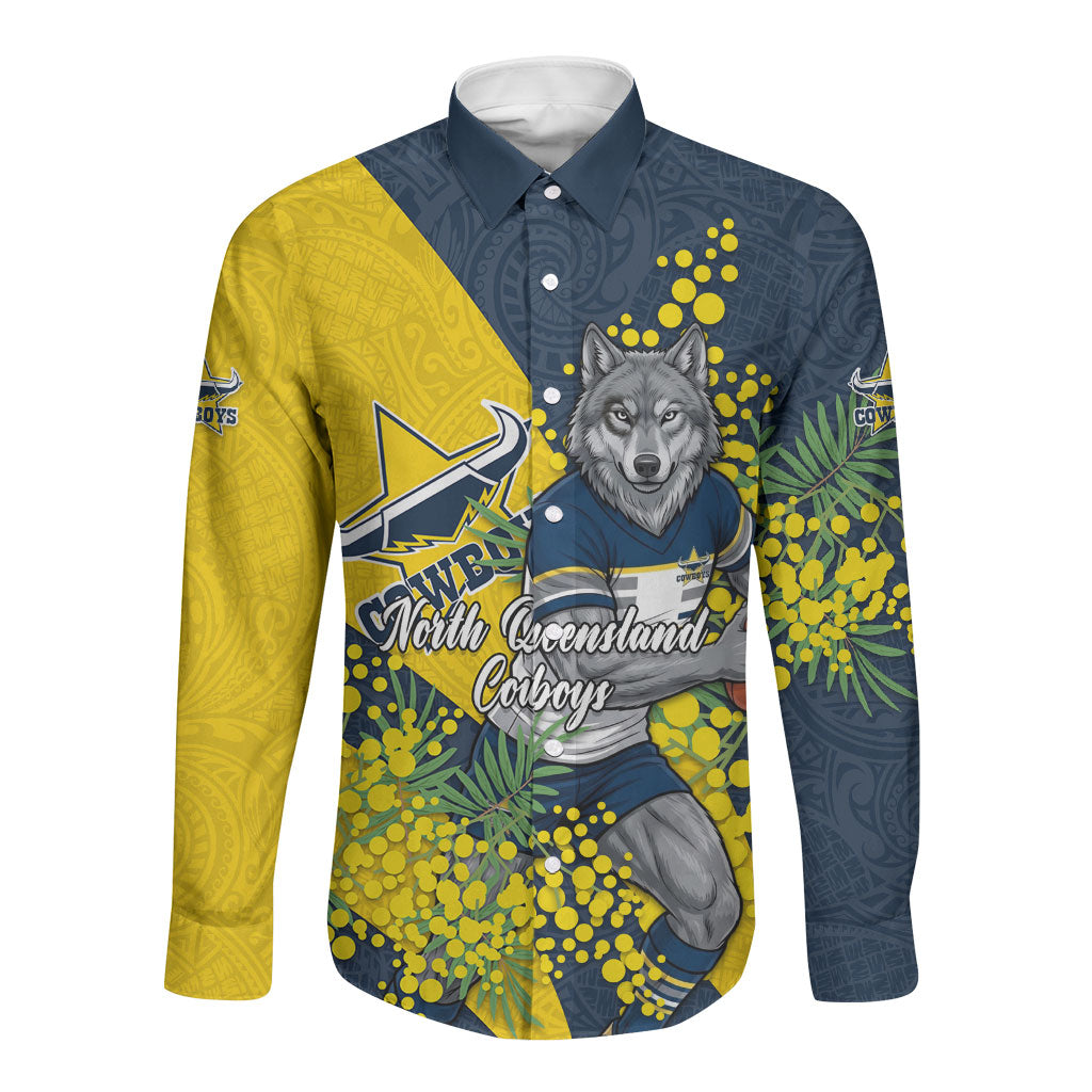 North Queensland Cowboys Long Sleeve Button Shirt Golden Wattle Floral Polynesian - Australian Flower - Rugby Mascot