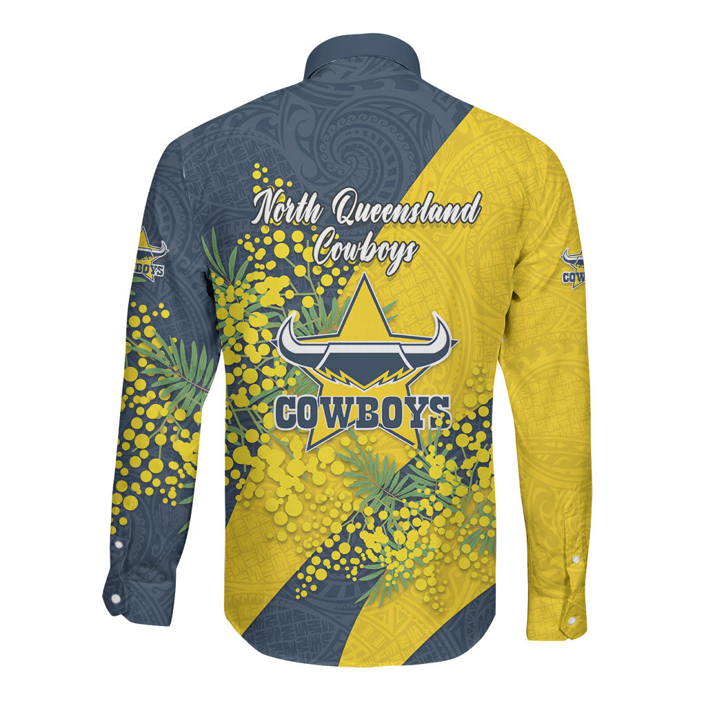 North Queensland Cowboys Long Sleeve Button Shirt Golden Wattle Floral Polynesian - Australian Flower - Rugby Mascot