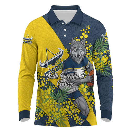 North Queensland Cowboys Long Sleeve Polo Shirt Golden Wattle Floral Polynesian - Australian Flower - Rugby Mascot