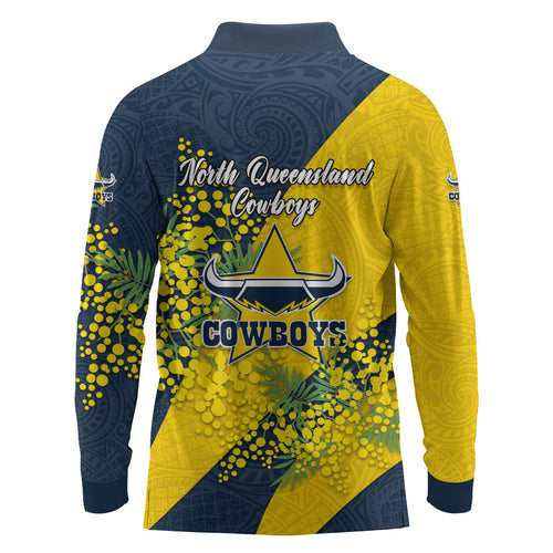 North Queensland Cowboys Long Sleeve Polo Shirt Golden Wattle Floral Polynesian - Australian Flower - Rugby Mascot