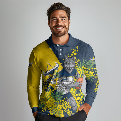 North Queensland Cowboys Long Sleeve Polo Shirt Golden Wattle Floral Polynesian - Australian Flower - Rugby Mascot