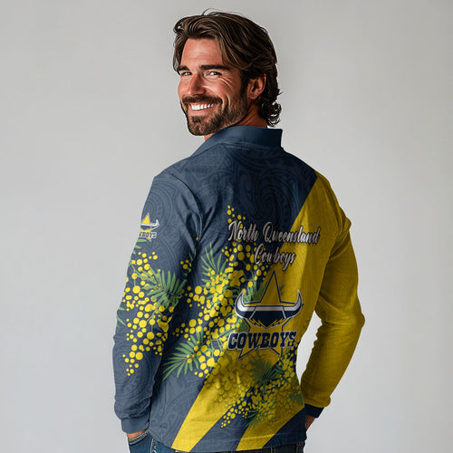 North Queensland Cowboys Long Sleeve Polo Shirt Golden Wattle Floral Polynesian - Australian Flower - Rugby Mascot