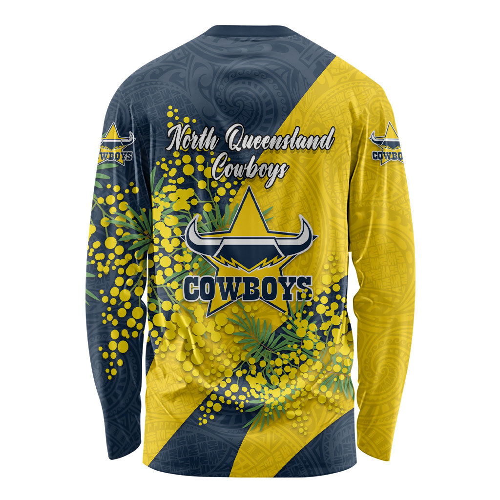 North Queensland Cowboys Long Sleeve Shirt Golden Wattle Floral Polynesian - Australian Flower - Rugby Mascot