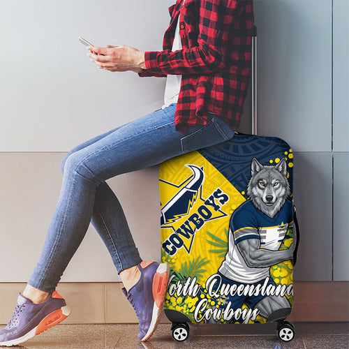 North Queensland Cowboys Luggage Cover Golden Wattle Floral Polynesian - Australian Flower - Rugby Mascot