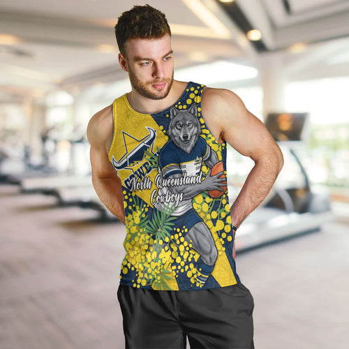 North Queensland Cowboys Men Tank Top Golden Wattle Floral Polynesian - Australian Flower - Rugby Mascot