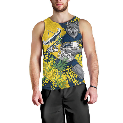 North Queensland Cowboys Men Tank Top Golden Wattle Floral Polynesian - Australian Flower - Rugby Mascot