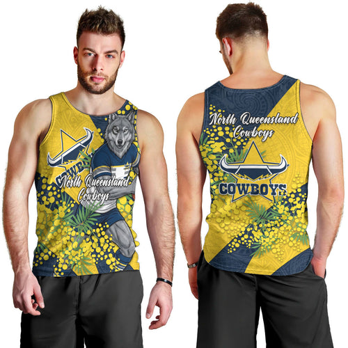 North Queensland Cowboys Men Tank Top Golden Wattle Floral Polynesian - Australian Flower - Rugby Mascot