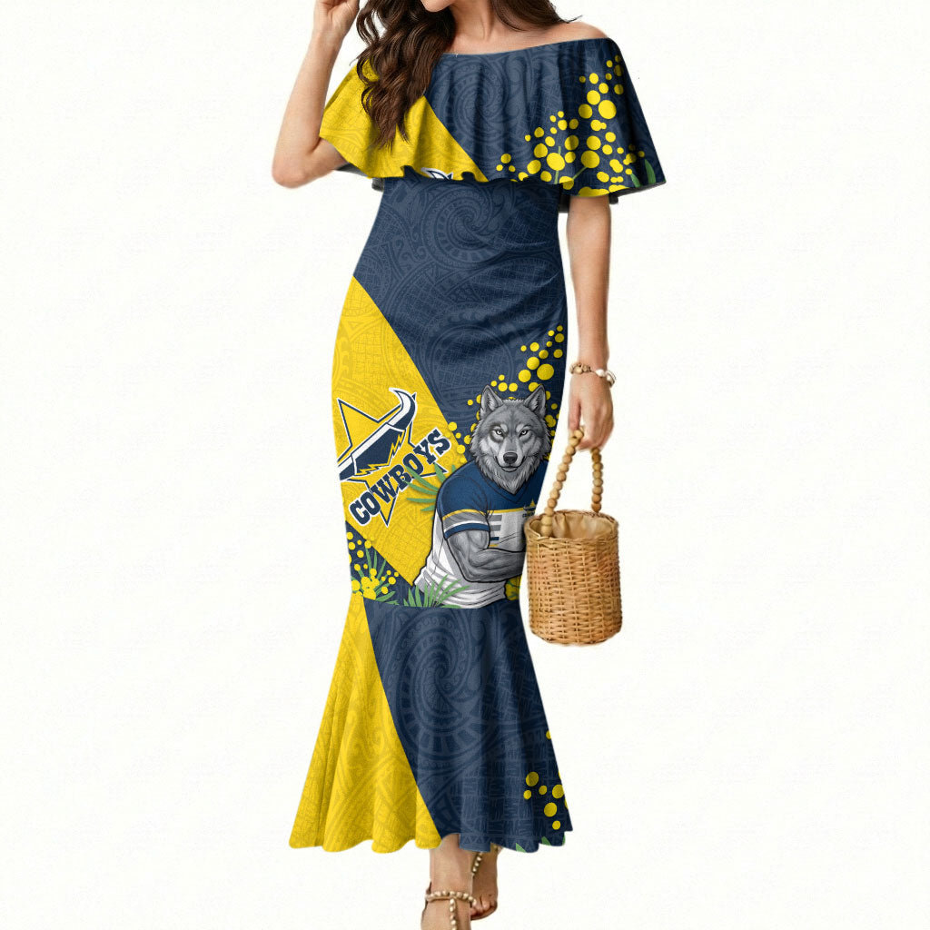 North Queensland Cowboys Mermaid Dress Golden Wattle Floral Polynesian - Australian Flower - Rugby Mascot