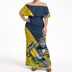 North Queensland Cowboys Off Shoulder Maxi Dress Golden Wattle Floral Polynesian - Australian Flower - Rugby Mascot