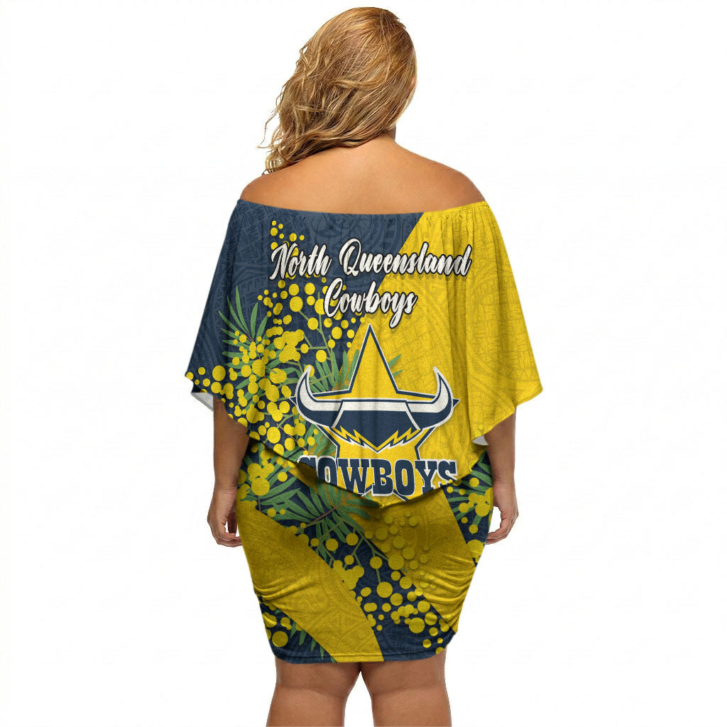 North Queensland Cowboys Off Shoulder Short Dress Golden Wattle Floral Polynesian - Australian Flower - Rugby Mascot