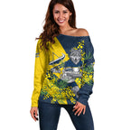 North Queensland Cowboys Off Shoulder Sweater Golden Wattle Floral Polynesian - Australian Flower - Rugby Mascot