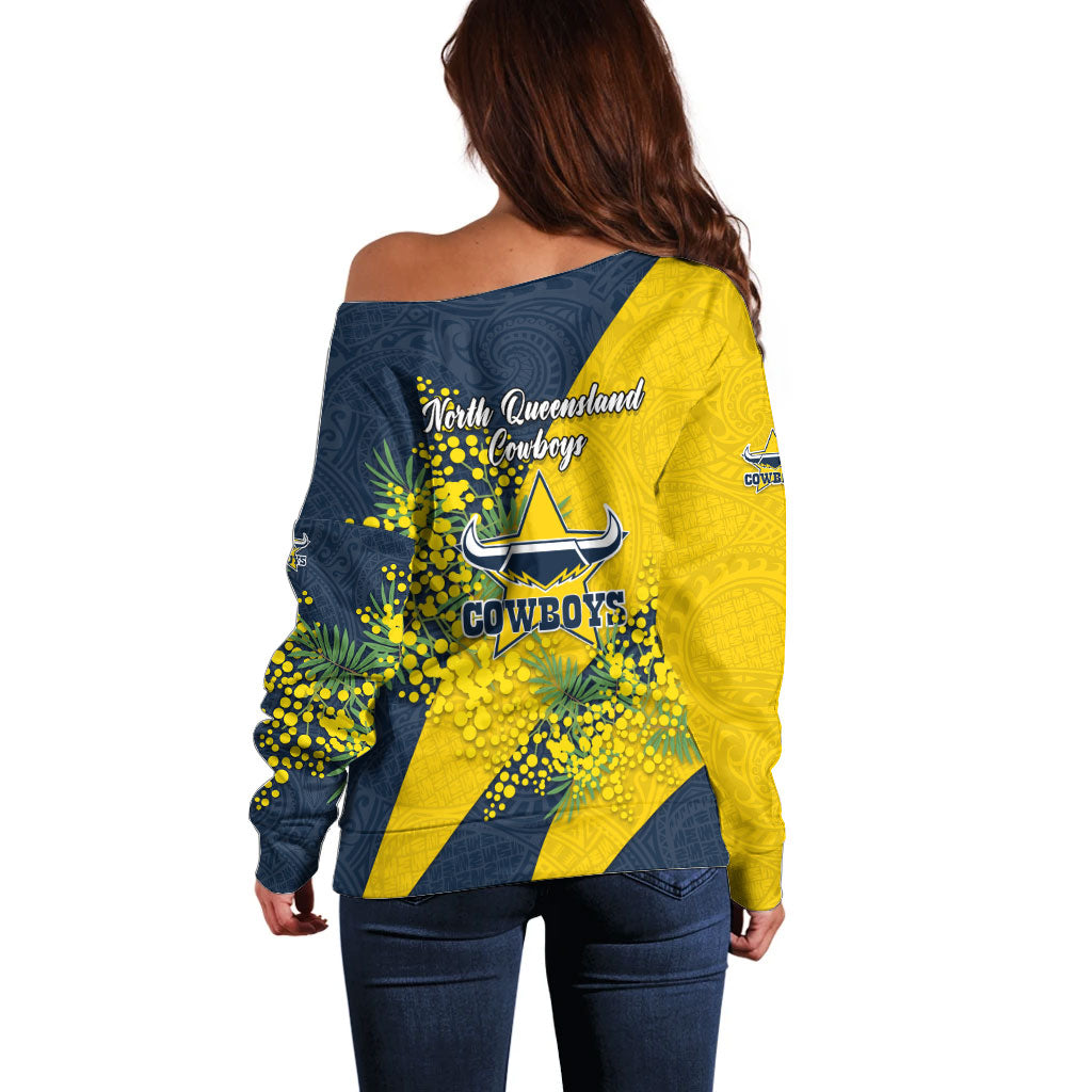 North Queensland Cowboys Off Shoulder Sweater Golden Wattle Floral Polynesian - Australian Flower - Rugby Mascot