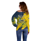 North Queensland Cowboys Off Shoulder Sweater Golden Wattle Floral Polynesian - Australian Flower - Rugby Mascot